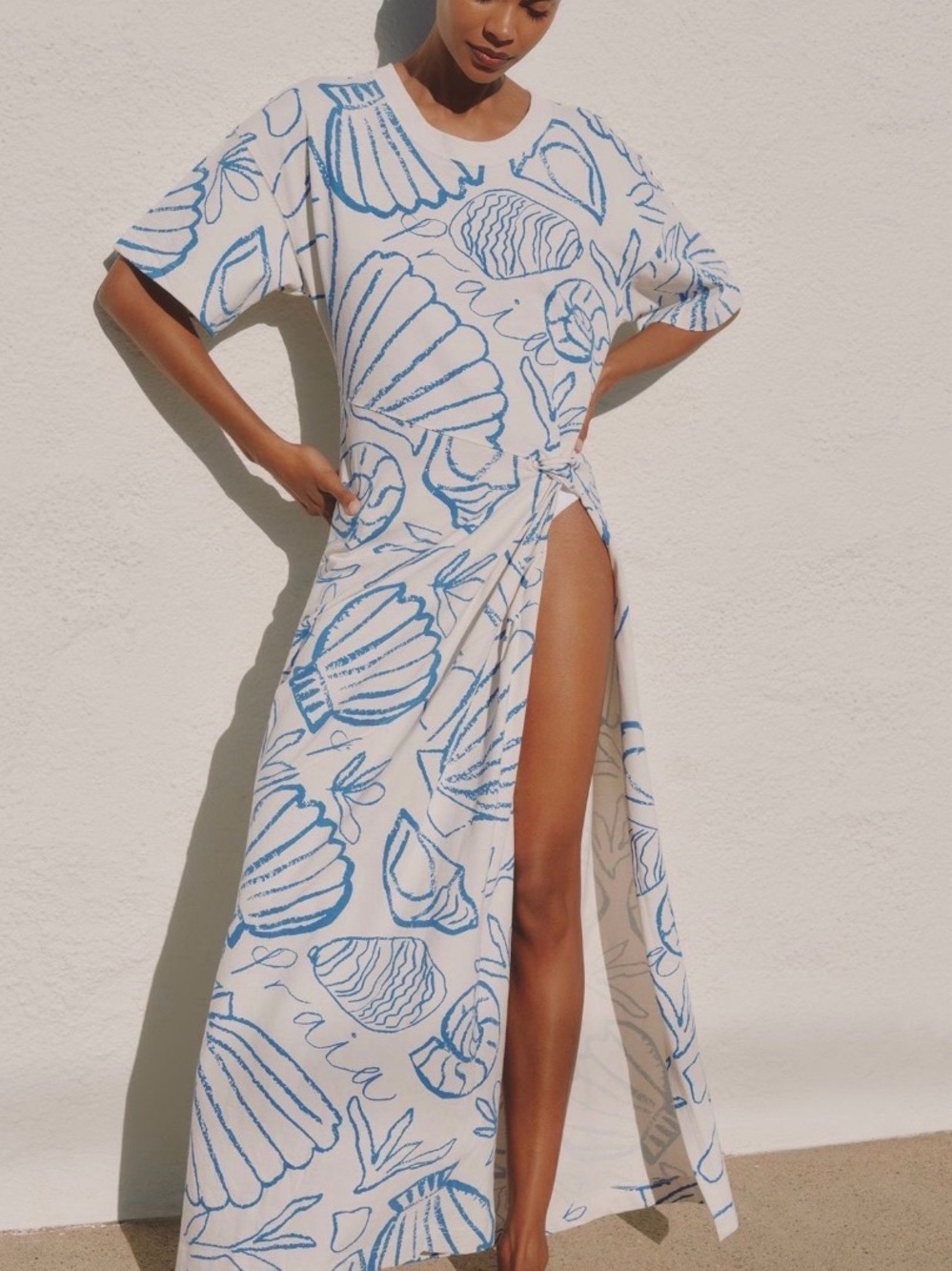 Celadine White & Blue Shell Print Maxi Dress with Side Slit